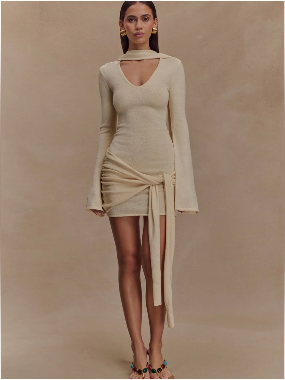 NWT | MESHKI Taron Knit Mini Dress With Scarf Cream Size Small S